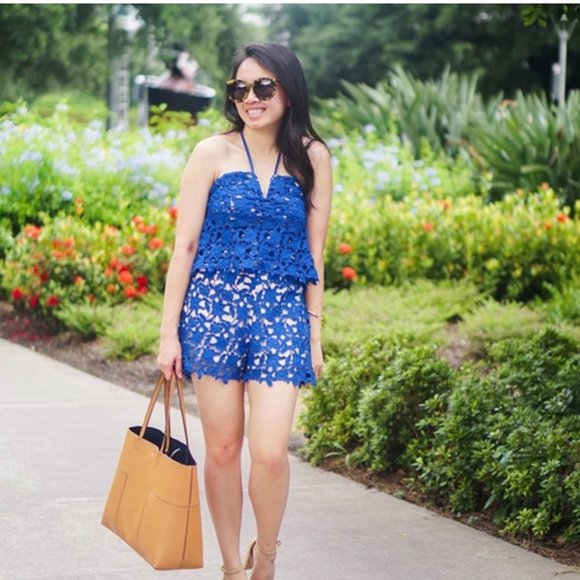 J.O.A Los Angeles Halter Neck Lace Romper in Royal Blue Size small - Picture 4 of 10